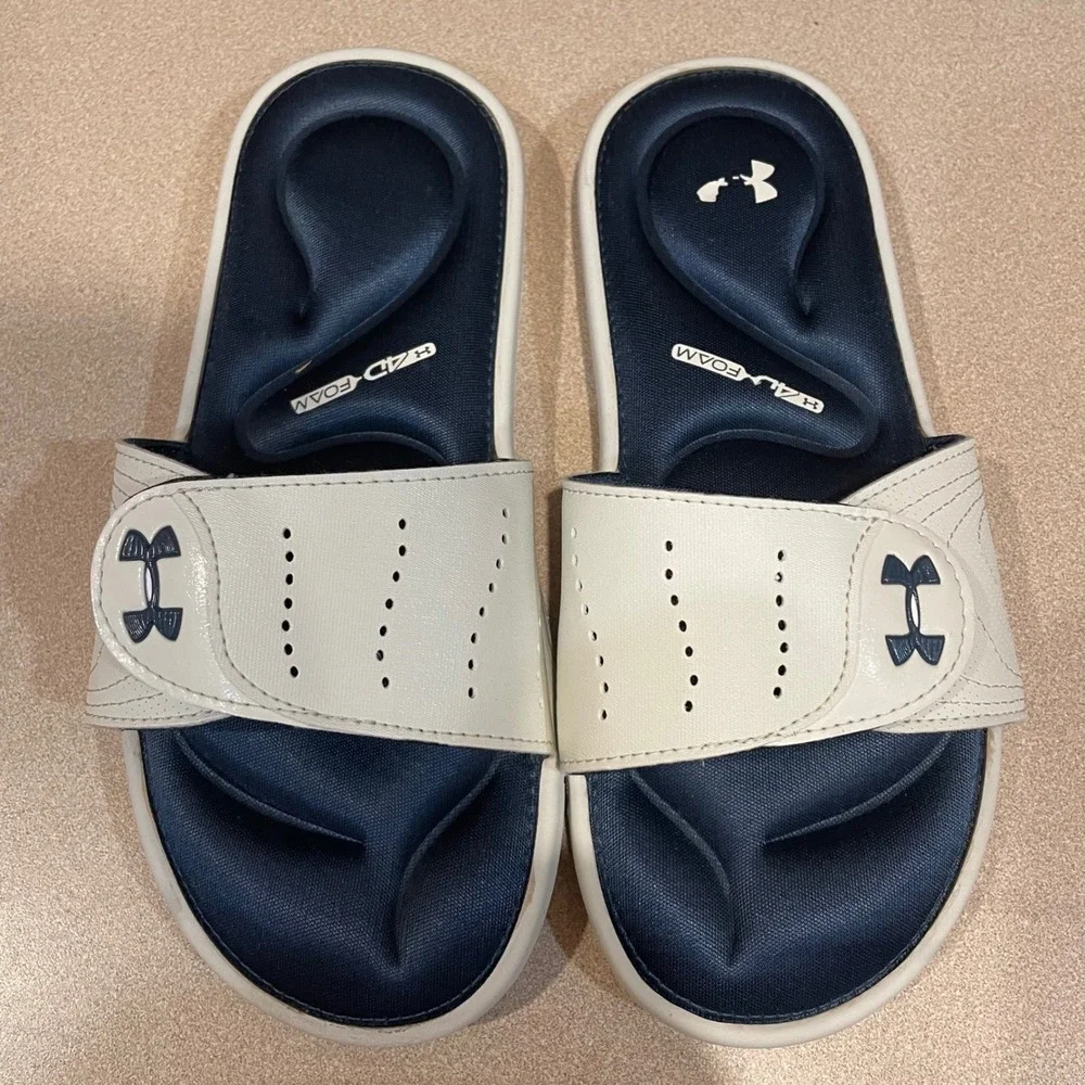 Under Armour Ignite VI Slides White Navy Blue 4D Foam Sandals 3022717-103 Size 6